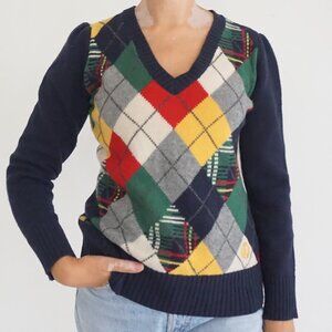 E Land Navy Argyle V Neck Knit Sweater Red Green Yellow Diamond Preppy  M